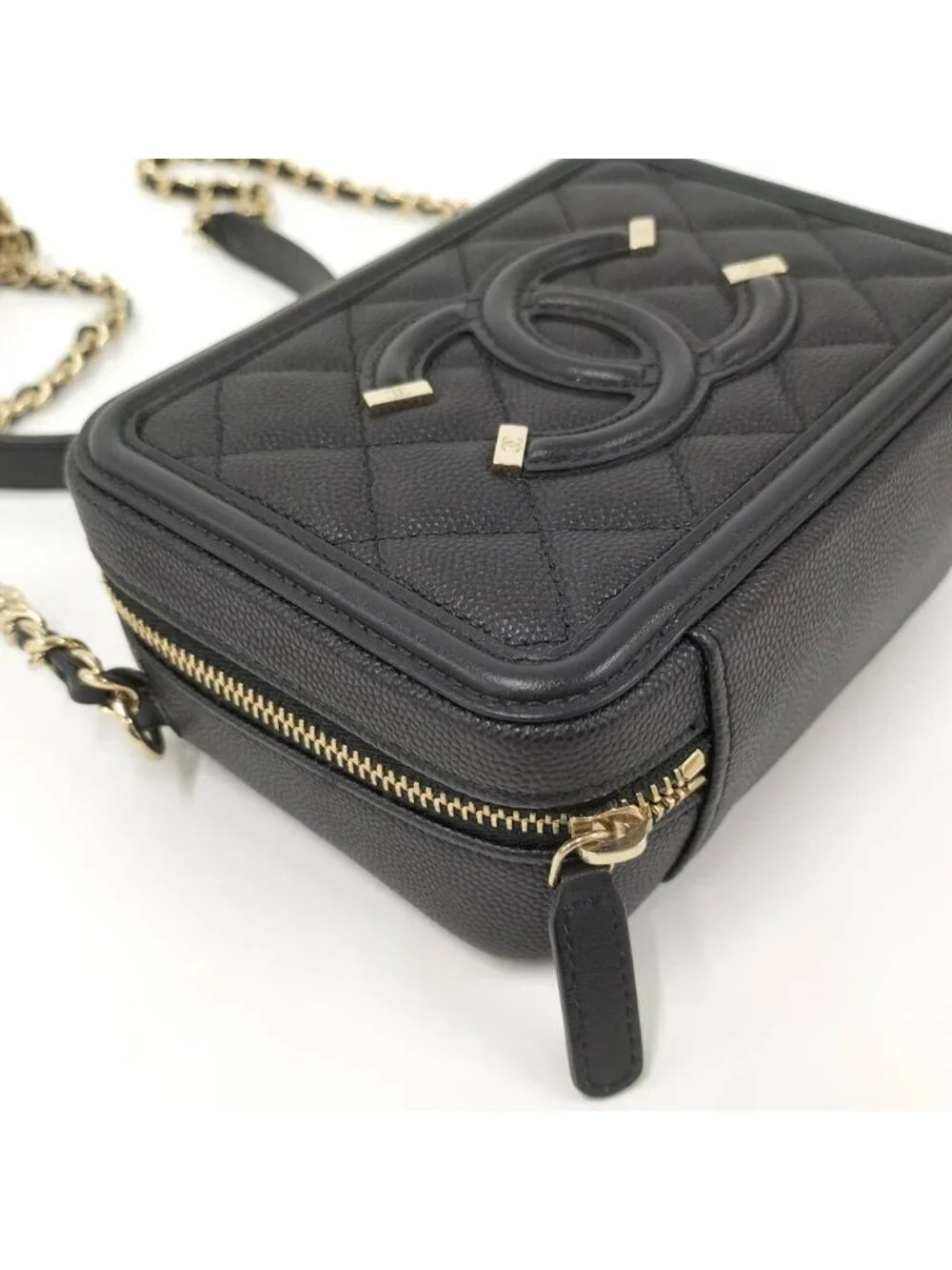 Chanel Shoulder Bag Quilted CC Filigree Leather Black